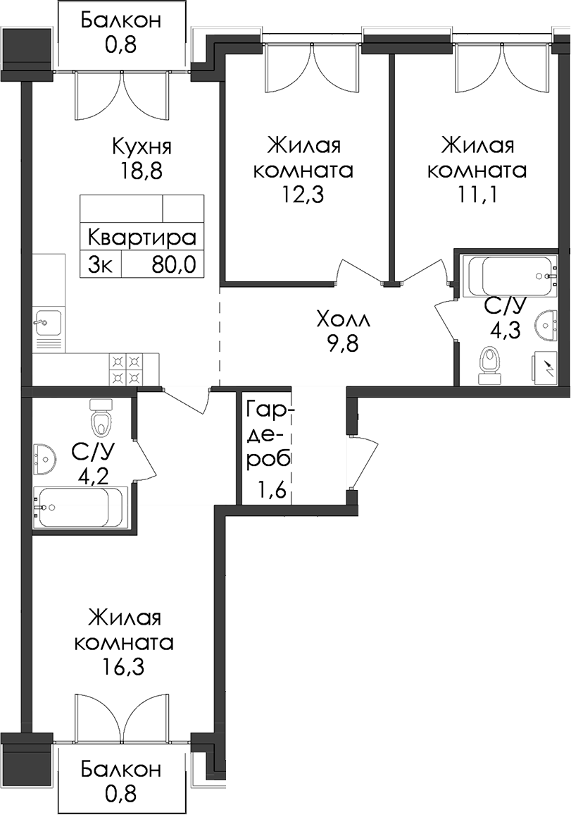 3-комнатная квартира 80 м², 7/9 эт., ЖК «Лермонтовский 54»